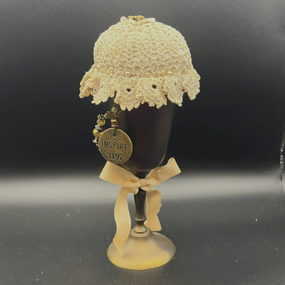 Vintage‎ Copper Goblet Upcycled to Pin Cushion vintage Doily Beads